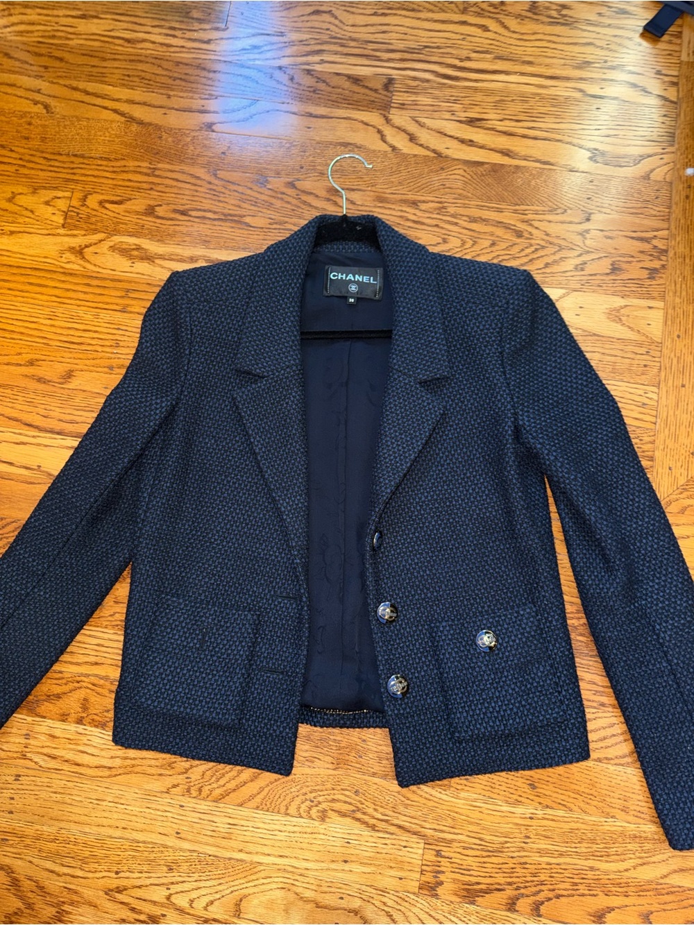 CHANEL Navy Textured Tweed Blazer Jacket CC Logo Buttons FR 38 US 6